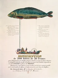 Plakat reklamujący prenumeratę balonu sterowca w kształcie ryby